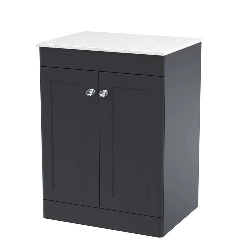 Classique 600mm Floor Standing Vanity Unit With 2 Doors With White Marble Worktop - Satin Soft Black