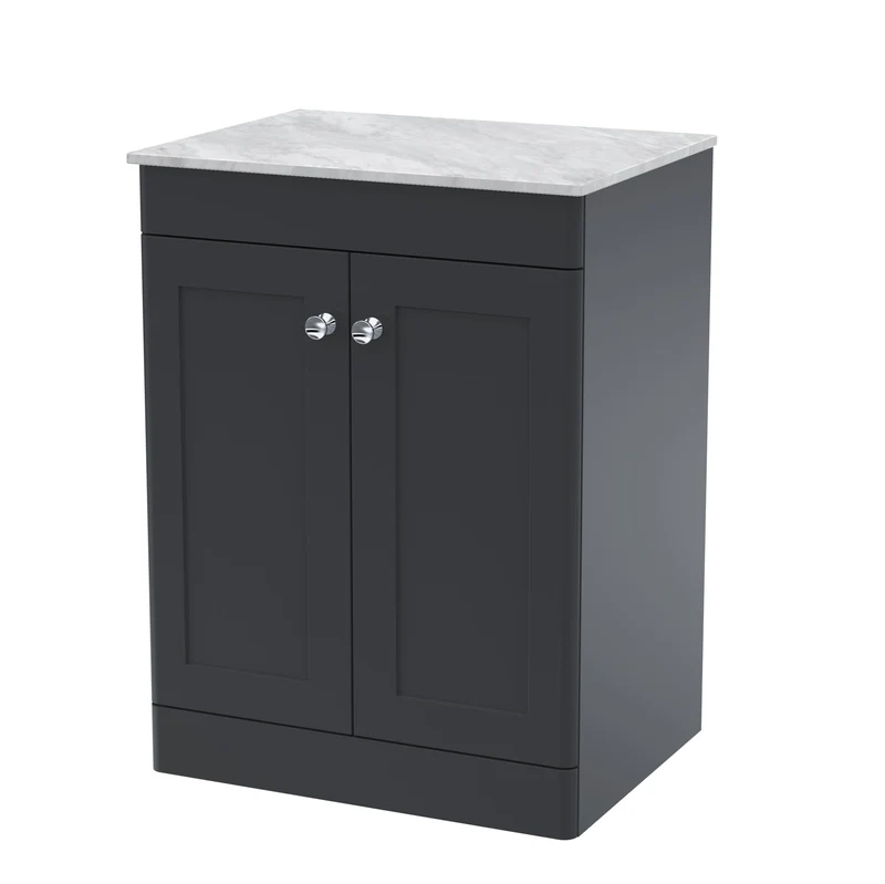 Classique 600mm Floor Standing Vanity Unit With 2 Doors With Grey Marble Worktop - Satin Soft Black