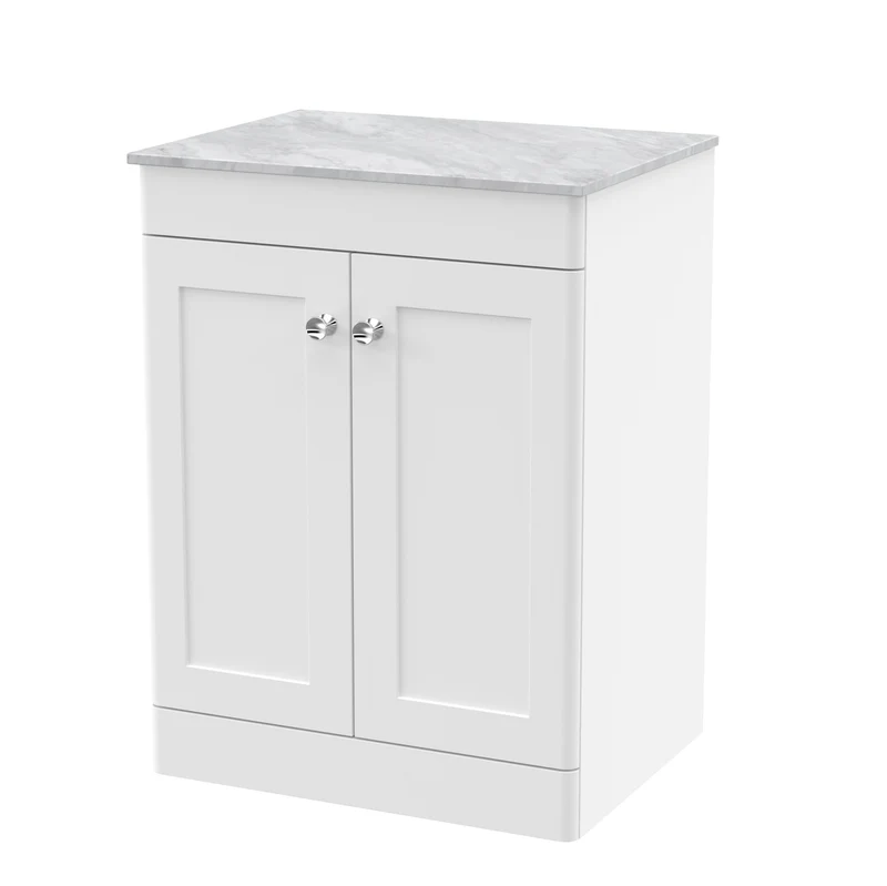 Classique 600mm Floor Standing Vanity Unit With 2 Doors With Grey Marble Worktop - Satin White