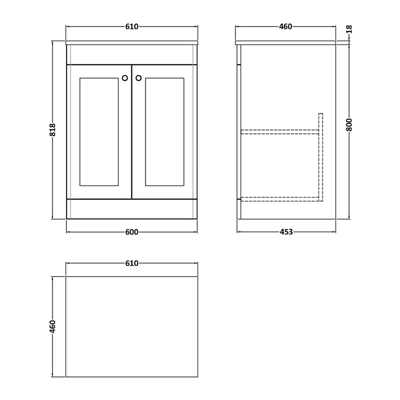 Classique 600mm Floor Standing Vanity Unit With 2 Doors With Carrera Marble Worktop - Satin Grey