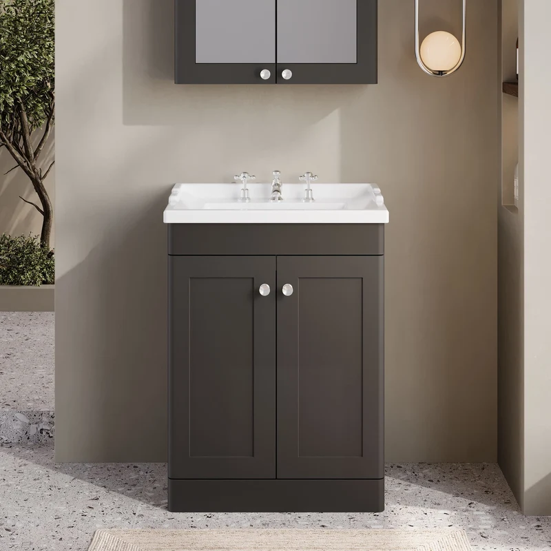 Classique 600mm Floor Standing Vanity Unit With 2 Doors With Traditional Basin - Satin Soft Black