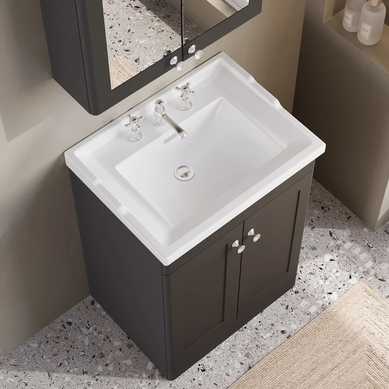 Classique 600mm Floor Standing Vanity Unit With 2 Doors With Traditional Basin - Satin Soft Black