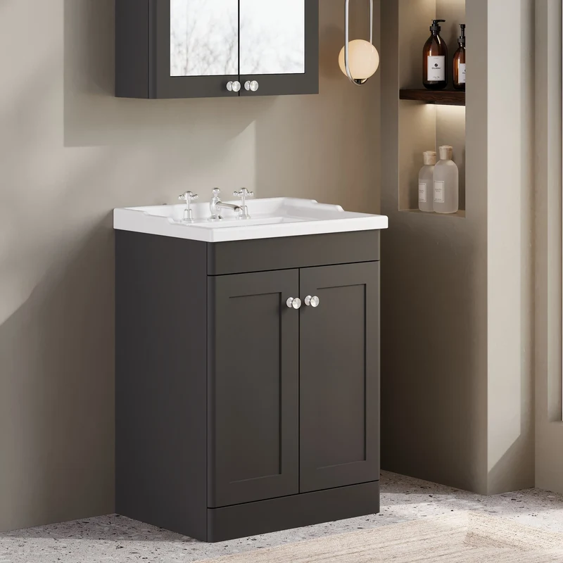 Classique 600mm Floor Standing Vanity Unit With 2 Doors With Traditional Basin - Satin Soft Black
