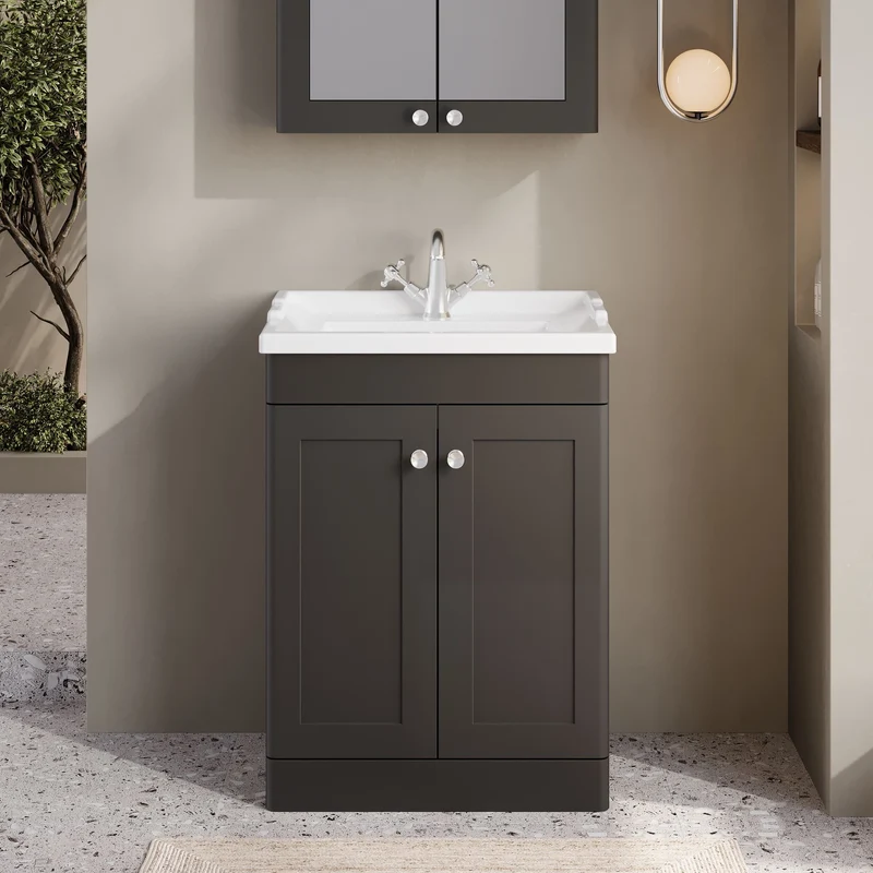 Classique 600mm Floor Standing Vanity Unit With 2 Doors With Traditional Basin - Satin Soft Black