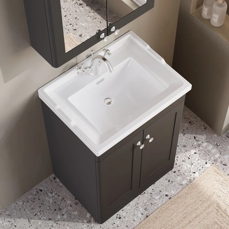 Classique 600mm Floor Standing Vanity Unit With 2 Doors With Traditional Basin - Satin Soft Black