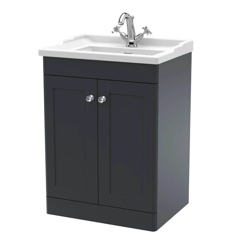 Classique 600mm Floor Standing Vanity Unit With 2 Doors With Traditional Basin - Satin Soft Black
