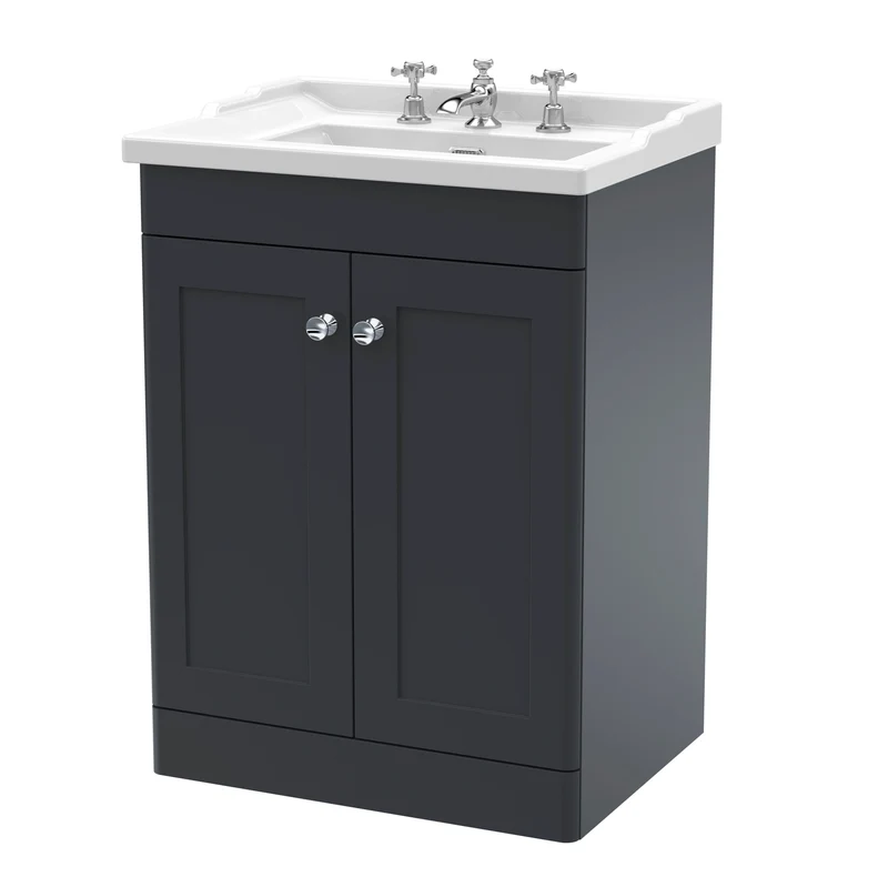 Classique 600mm Floor Standing Vanity Unit With 2 Doors With Traditional Basin - Satin Soft Black