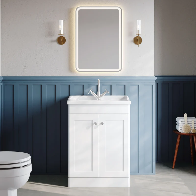 Classique 600mm Floor Standing Vanity Unit With 2 Doors With Traditional Basin - Satin White