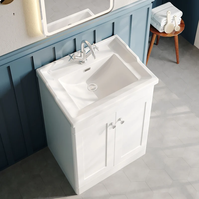 Classique 600mm Floor Standing Vanity Unit With 2 Doors With Traditional Basin - Satin White