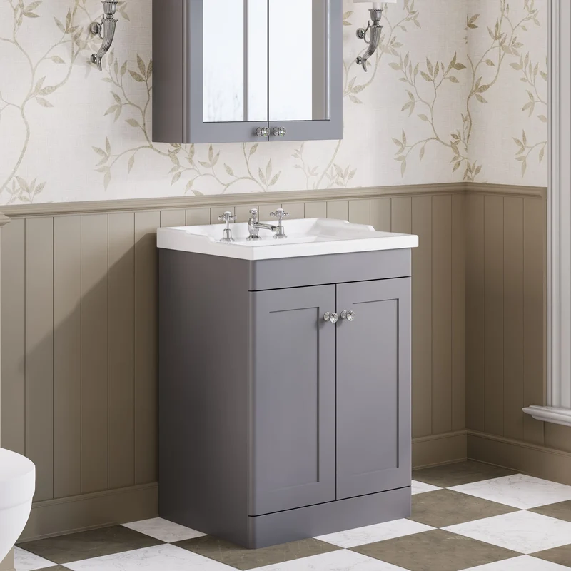 Classique 600mm Floor Standing Vanity Unit With 2 Doors With Traditional Basin - Satin Grey