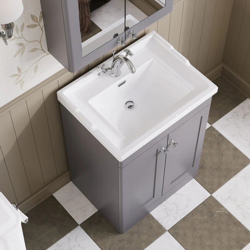 Classique 600mm Floor Standing Vanity Unit With 2 Doors With Traditional Basin - Satin Grey