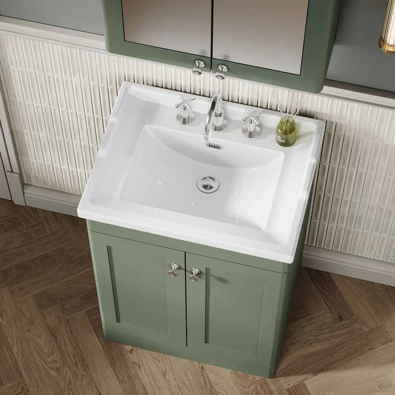 Classique 600mm Floor Standing Vanity Unit With 2 Doors With Traditional Basin - Satin Green