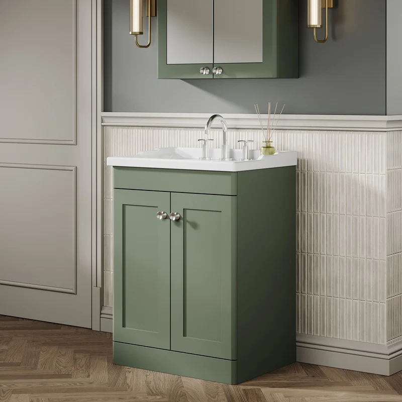 Classique 600mm Floor Standing Vanity Unit With 2 Doors With Traditional Basin - Satin Green