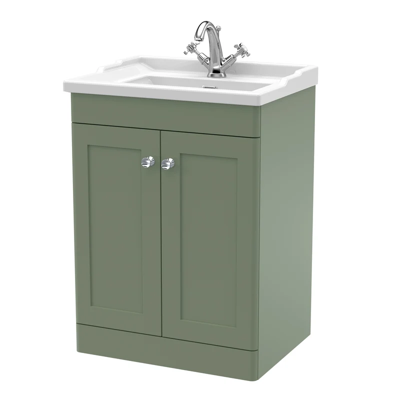 Classique 600mm Floor Standing Vanity Unit With 2 Doors With Traditional Basin - Satin Green