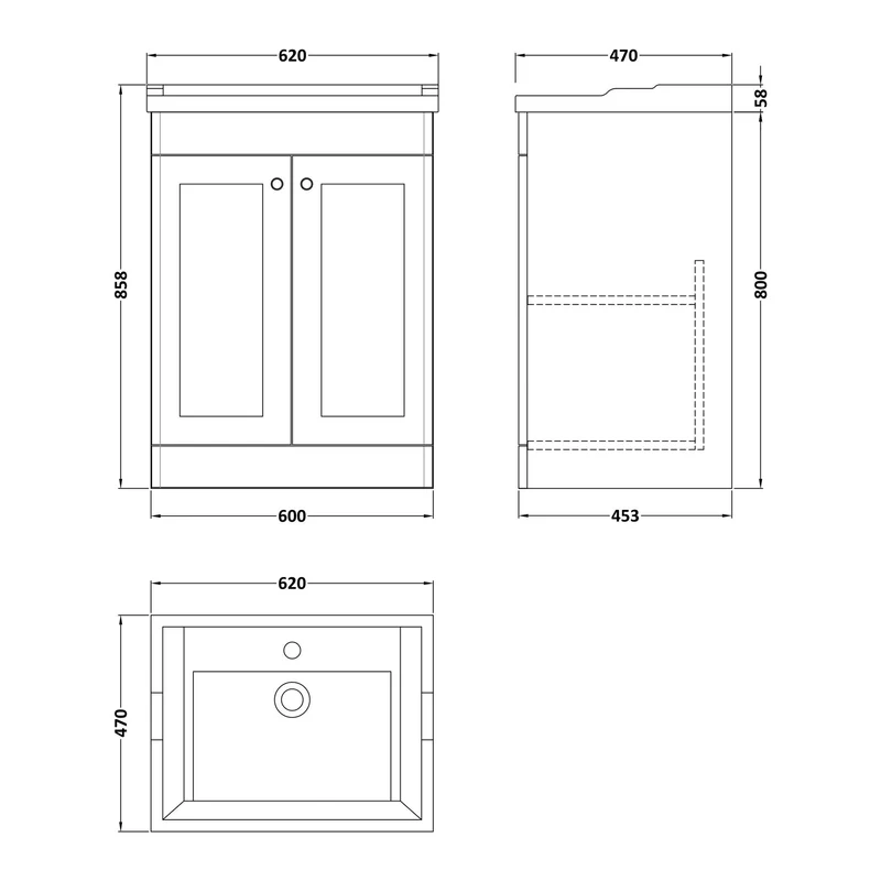 Classique 600mm Floor Standing Vanity Unit With 2 Doors With Traditional Basin - Satin Green