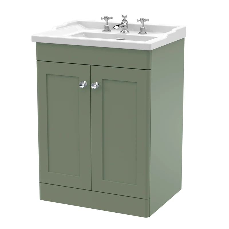 Classique 600mm Floor Standing Vanity Unit With 2 Doors With Traditional Basin - Satin Green