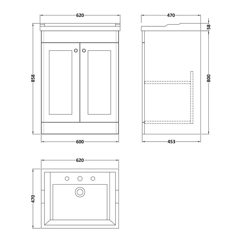 Classique 600mm Floor Standing Vanity Unit With 2 Doors With Traditional Basin - Satin Green
