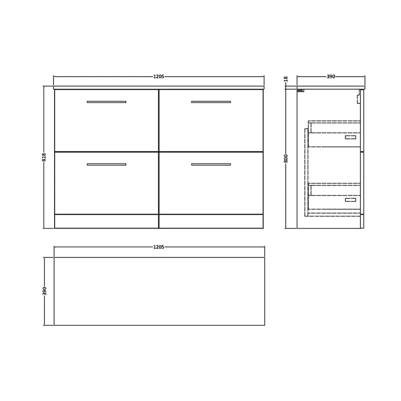 Nuie Arno 1200mm Floor Standing 4 Drawer Vanity & Worktop Contemporary Satin Grey MFC Painted Matt 818x1205x390mm