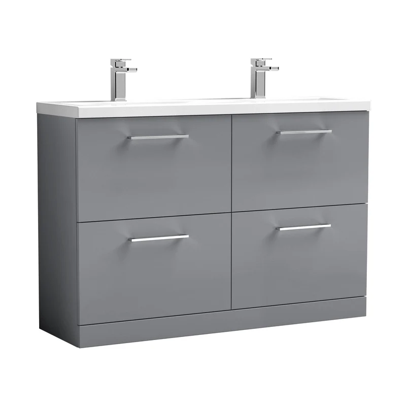 Nuie Arno 1200mm Floor Standing 4 Drawer Vanity & Double Basin Contemporary Satin Grey MFC Painted Matt 840x1205x383mm - ARN2233F
