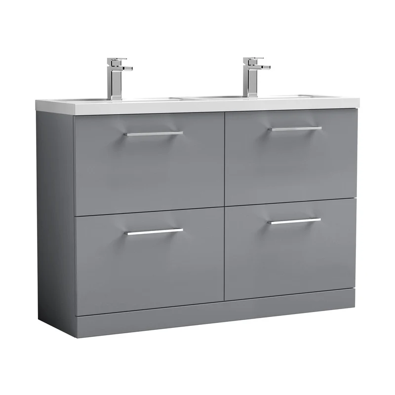 Nuie Arno 1200mm Floor Standing 4 Drawer Vanity & Double Basin Contemporary Satin Grey MFC Painted Matt 840x1205x383mm - ARN2233C
