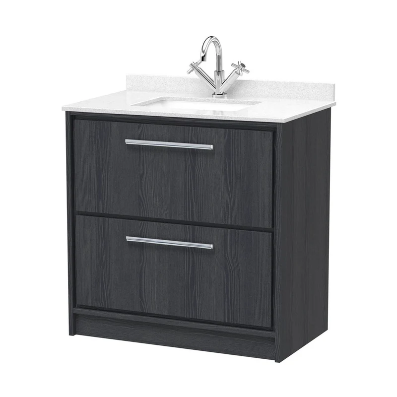 Hudson Reed Lille 800mm Floor Standing 2-drawer Vanity With Marble Worktop Basin Contemp Graphite Grey Woodgrain MFC Textured Woodgrain,vitreous China 878x820x470mm