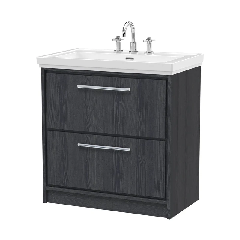 Hudson Reed Lille 800mm Floor Standing 2-drawer Vanity With Basin - 3 Tap Hole Contemp Graphite Grey Woodgrain Fireclay,MFC Textured Woodgrain 867x830x471mm