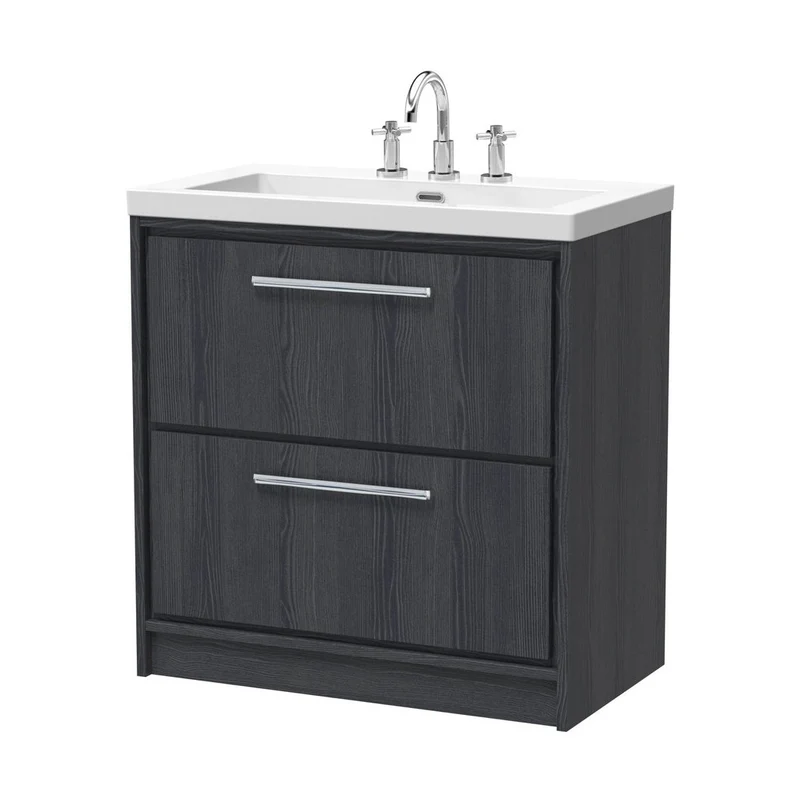 Hudson Reed Lille 800mm Floor Standing 2-drawer Vanity With Basin - 3 Tap Hole Contemp Graphite Grey Woodgrain Fireclay,MFC Textured Woodgrain 845x813x462mm
