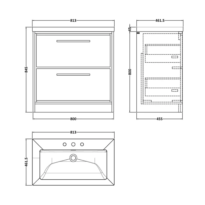 Hudson Reed Lille 800mm Floor Standing 2-drawer Vanity With Basin - 3 Tap Hole Contemp Graphite Grey Woodgrain Fireclay,MFC Textured Woodgrain 845x813x462mm