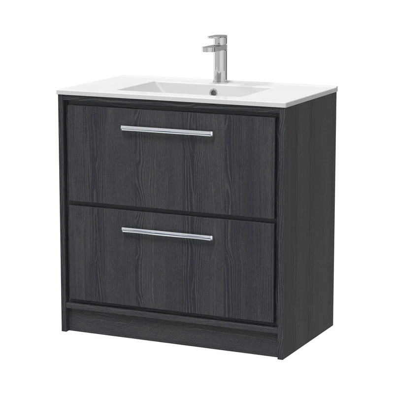Hudson Reed Lille 800mm Floor Standing 2-drawer Vanity With Basin - 1 Tap Hole Contemp Graphite Grey Woodgrain MFC Textured Woodgrain,vitreous China 818x805x460mm