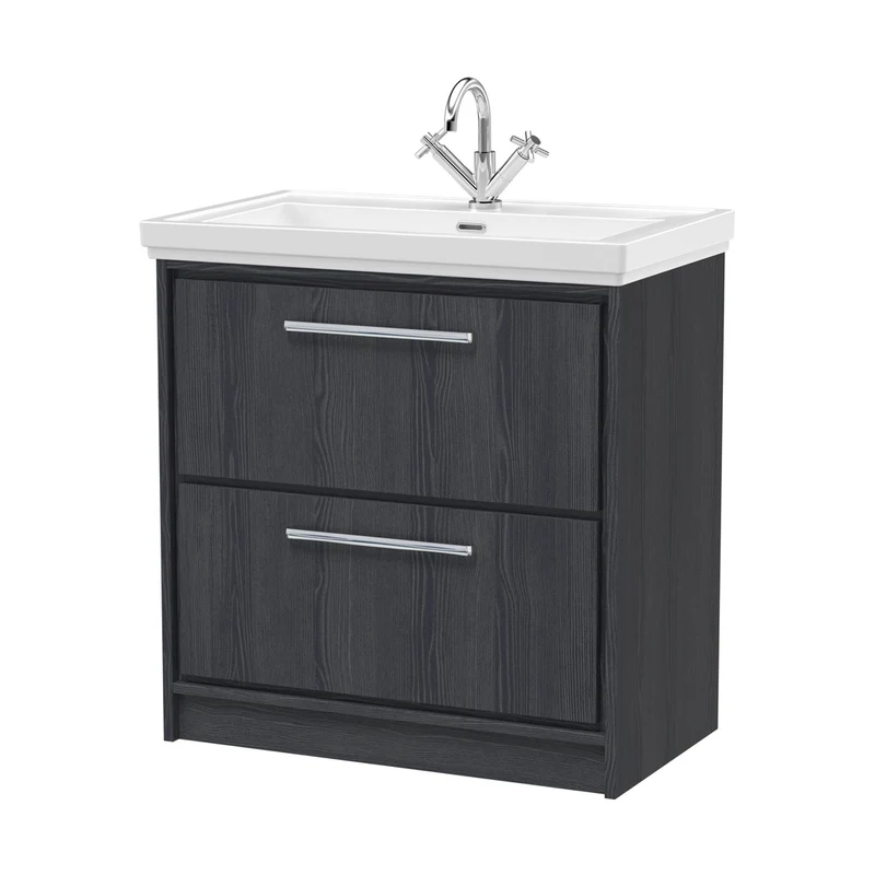 Hudson Reed Lille 800mm Floor Standing 2-drawer Vanity With Basin - 1 Tap Hole Contemp Graphite Grey Woodgrain Fireclay,MFC Textured Woodgrain 867x830x471mm