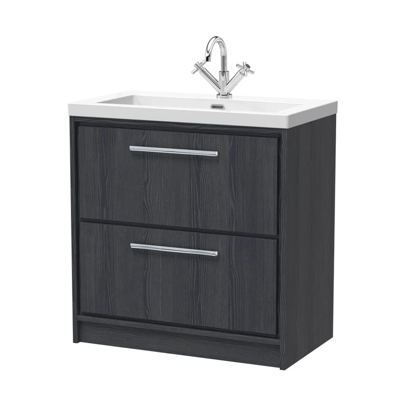 Hudson Reed Lille 800mm Floor Standing 2-drawer Vanity With Basin - 1 Tap Hole Contemp Graphite Grey Woodgrain Fireclay,MFC Textured Woodgrain 845x813x462mm
