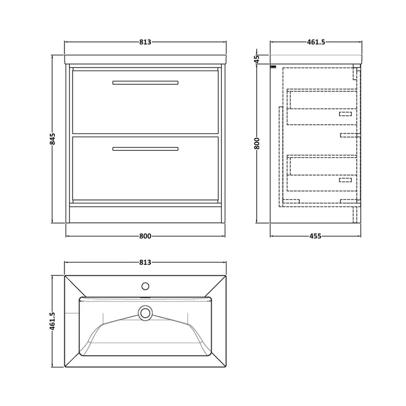 Hudson Reed Lille 800mm Floor Standing 2-drawer Vanity With Basin - 1 Tap Hole Contemp Graphite Grey Woodgrain Fireclay,MFC Textured Woodgrain 845x813x462mm