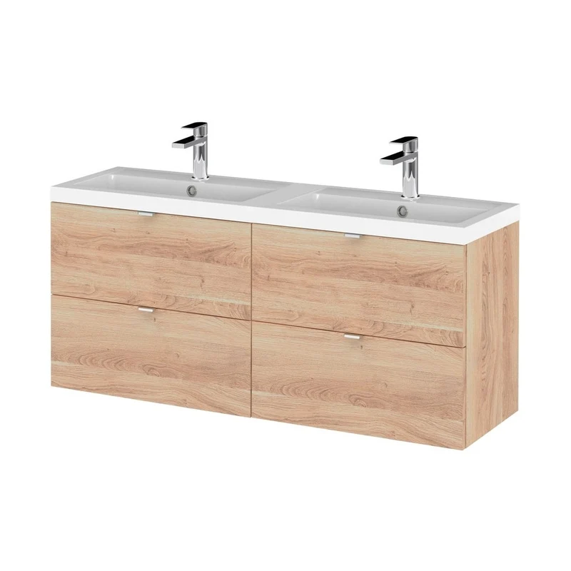 Hudson Reed Fusion 1200mm Wh 4-drawer Vanity & Double Basin Contemp Bleached Oak MFC Textured Woodgrain 580x1205x383mm - CBI3032A