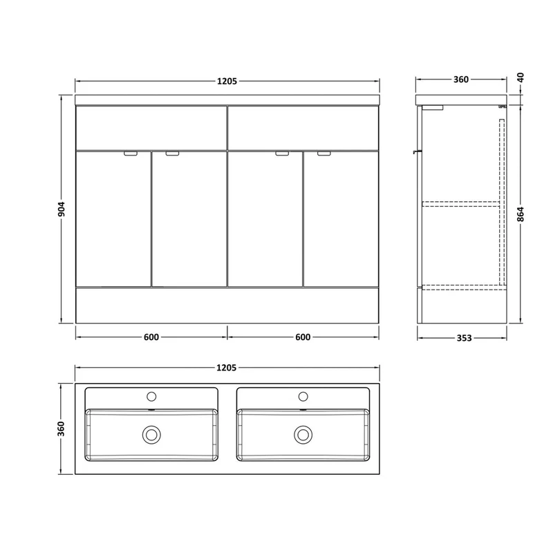 Hudson Reed Fusion 1200mm Vanity Unit & Double Basin Contemp Gloss Grey MFC Painted Gloss 904x1205x360mm