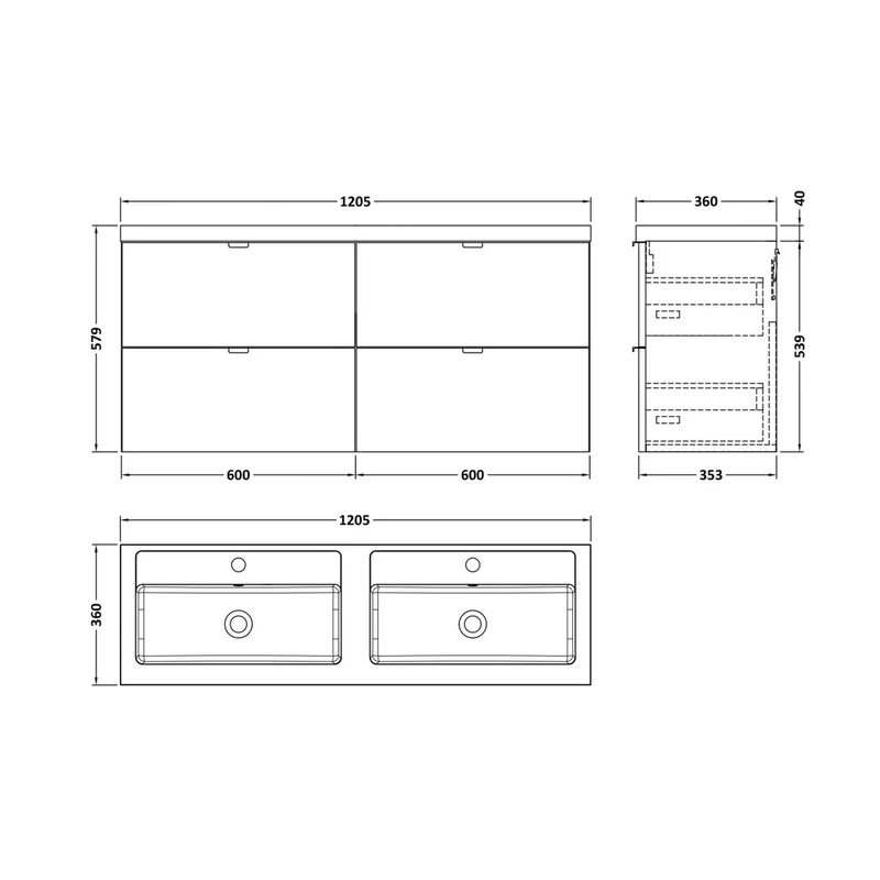 Hudson Reed Fusion 1200mm Vanity Unit & Double Basin Contemp Gloss White MFC Painted Gloss 579x1205x360mm - CBI132