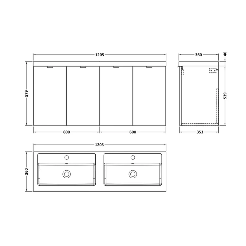 Hudson Reed Fusion 1200mm Vanity Unit & Double Basin Contemp Charcoal Black MFC Textured Woodgrain 579x1205x360mm - CBI633