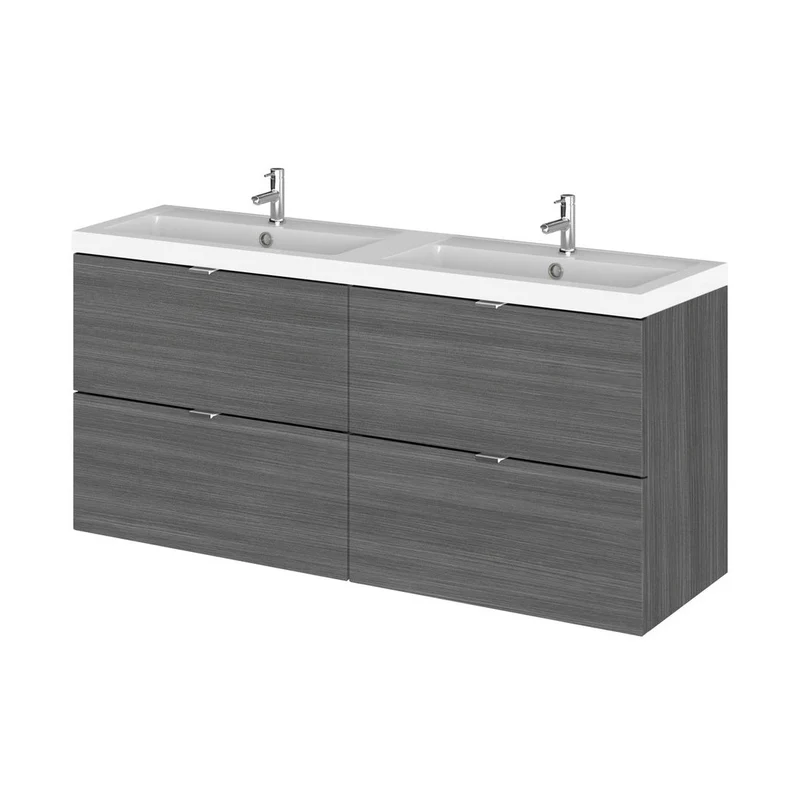 Hudson Reed Fusion 1200mm Vanity Unit & Double Basin Contemp Anthracite Woodgrain MFC Textured Woodgrain 579x1205x360mm - CBI532
