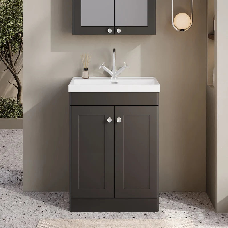 Classique 600mm Floor Standing Vanity Unit With 2 Doors With Thin Edge Ceramic Basin - Satin Soft Black