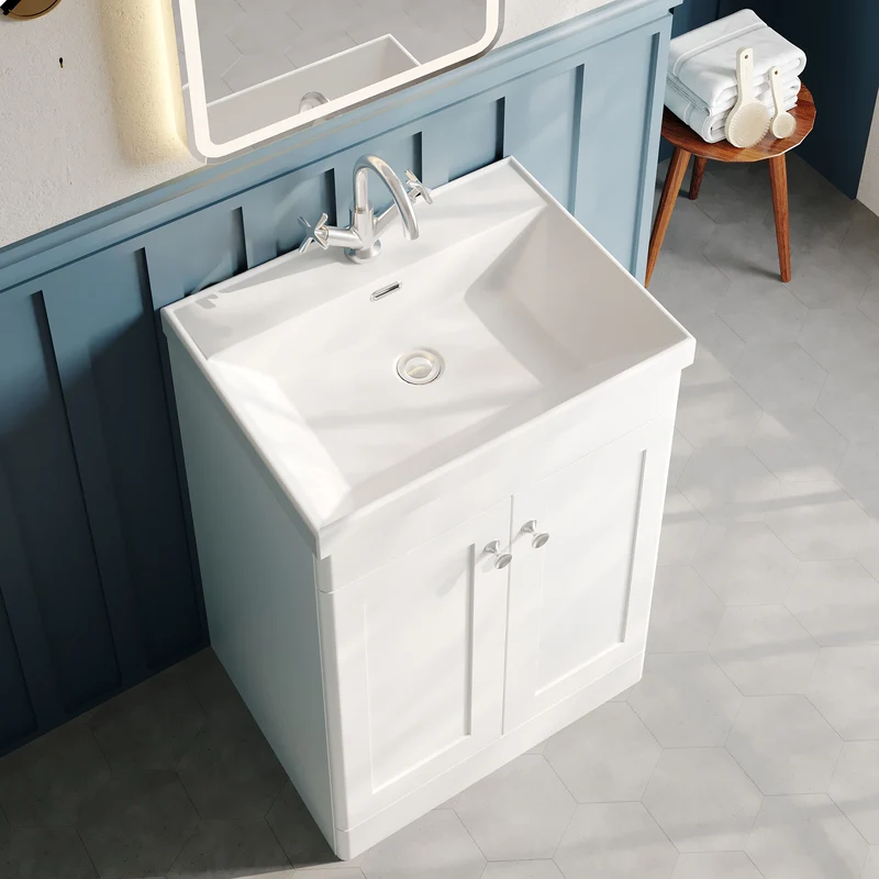 Classique 600mm Floor Standing Vanity Unit With 2 Doors With Thin Edge Ceramic Basin - Satin White