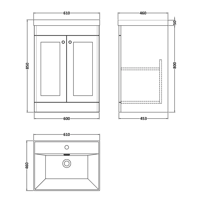 Classique 600mm Floor Standing Vanity Unit With 2 Doors With Thin Edge Ceramic Basin - Satin White