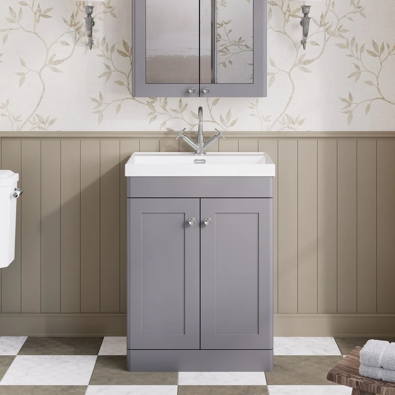 Classique 600mm Floor Standing Vanity Unit With 2 Doors With Thin Edge Ceramic Basin - Satin Grey