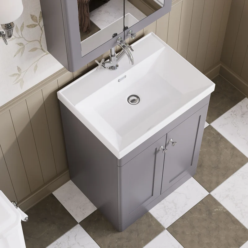 Classique 600mm Floor Standing Vanity Unit With 2 Doors With Thin Edge Ceramic Basin - Satin Grey