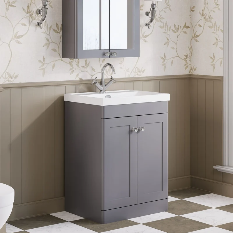 Classique 600mm Floor Standing Vanity Unit With 2 Doors With Thin Edge Ceramic Basin - Satin Grey