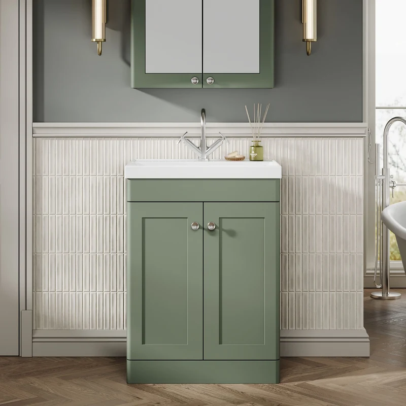Classique 600mm Floor Standing Vanity Unit With 2 Doors With Thin Edge Ceramic Basin - Satin Green