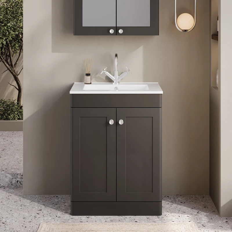Classique 600mm Floor Standing Vanity Unit With 2 Doors With Minimalist Ceramic Basin - Satin Soft Black