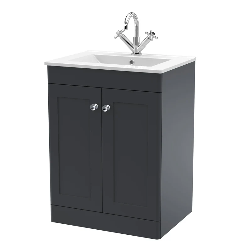 Classique 600mm Floor Standing Vanity Unit With 2 Doors With Minimalist Ceramic Basin - Satin Soft Black