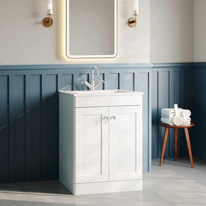 Classique 600mm Floor Standing Vanity Unit With 2 Doors With Minimalist Ceramic Basin - Satin White