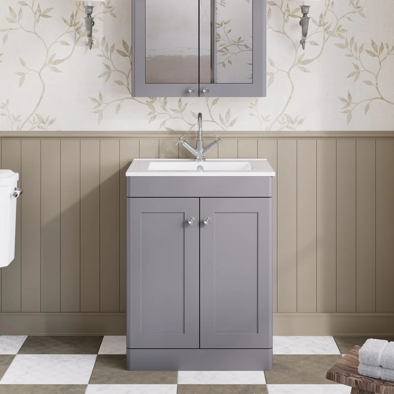 Classique 600mm Floor Standing Vanity Unit With 2 Doors With Minimalist Ceramic Basin - Satin Grey