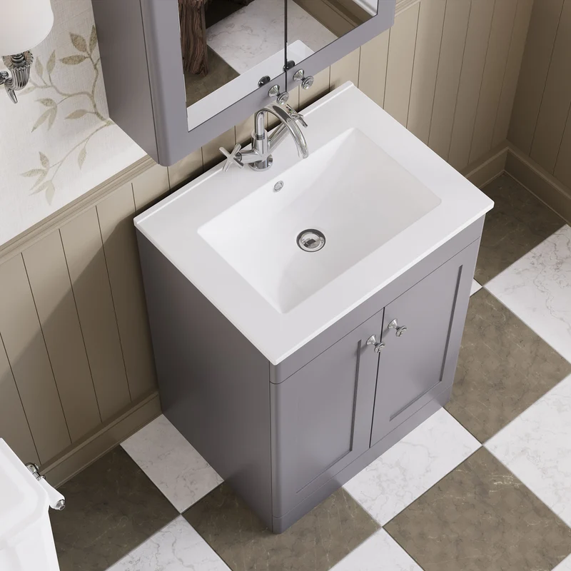 Classique 600mm Floor Standing Vanity Unit With 2 Doors With Minimalist Ceramic Basin - Satin Grey