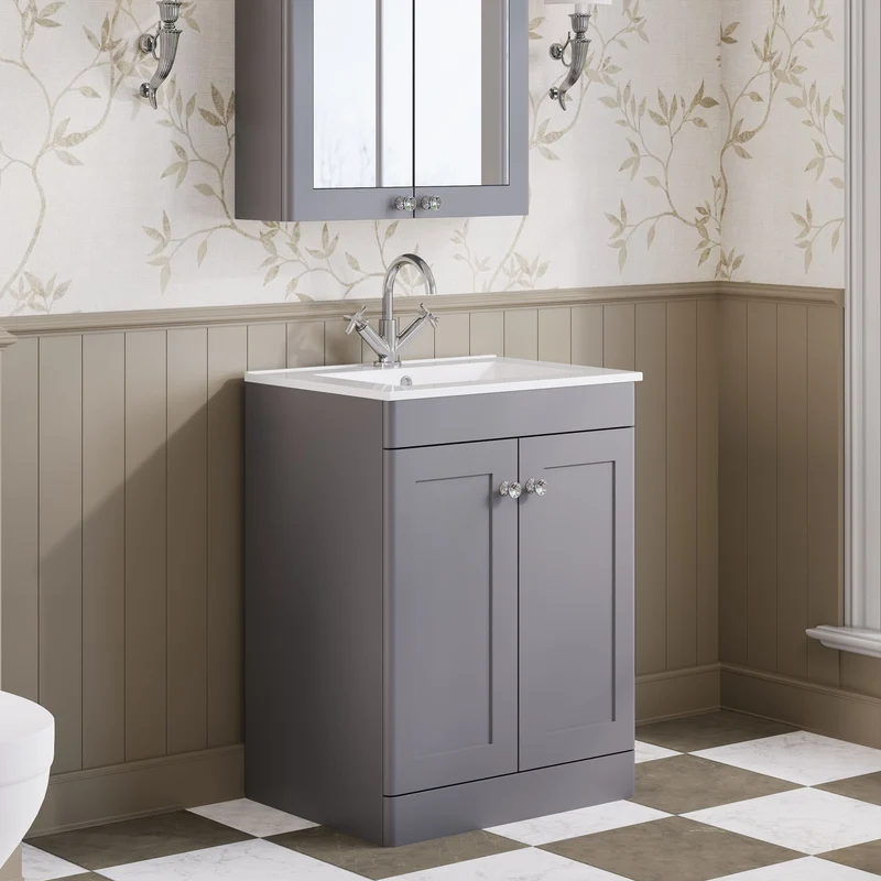 Classique 600mm Floor Standing Vanity Unit With 2 Doors With Minimalist Ceramic Basin - Satin Grey